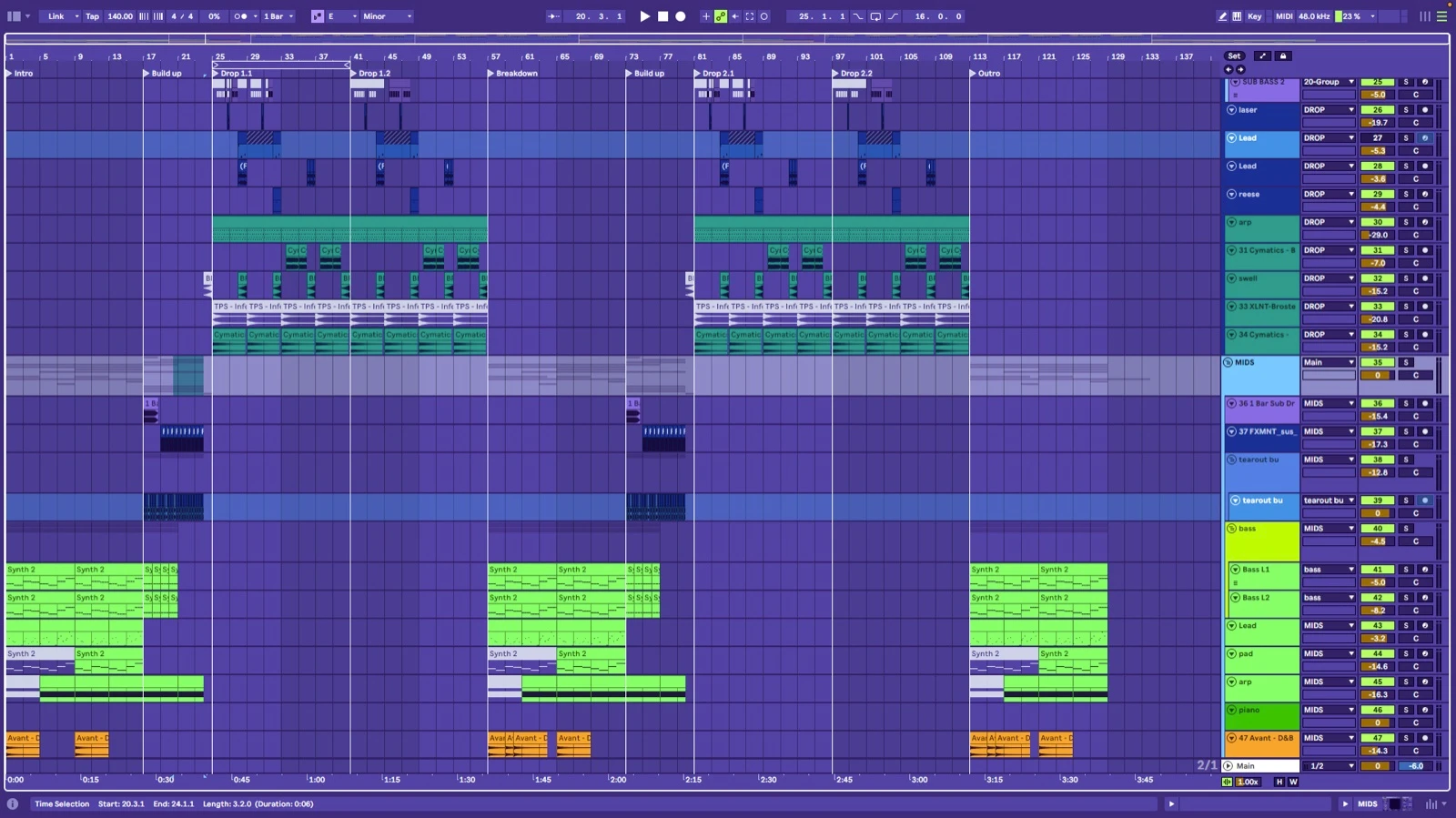 Full Ableton project showing drums, bass and melodic arrangement