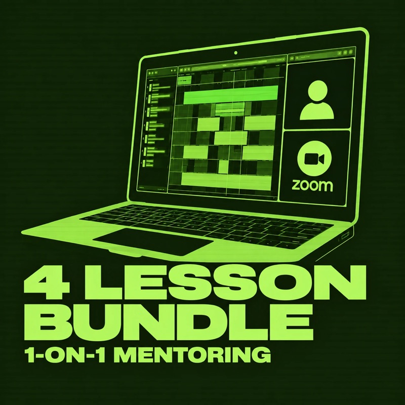 4-Session Coaching Bundle cover: a laptop showing a DAW and a Zoom call, with the words 4 Lesson Bundle, 1-on-1 Mentoring
