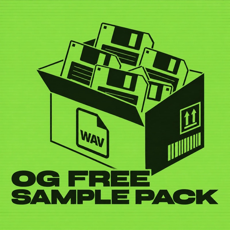 OG Free Dubstep Sample Pack cover: floppy disks and a WAV file in an open box on neon green