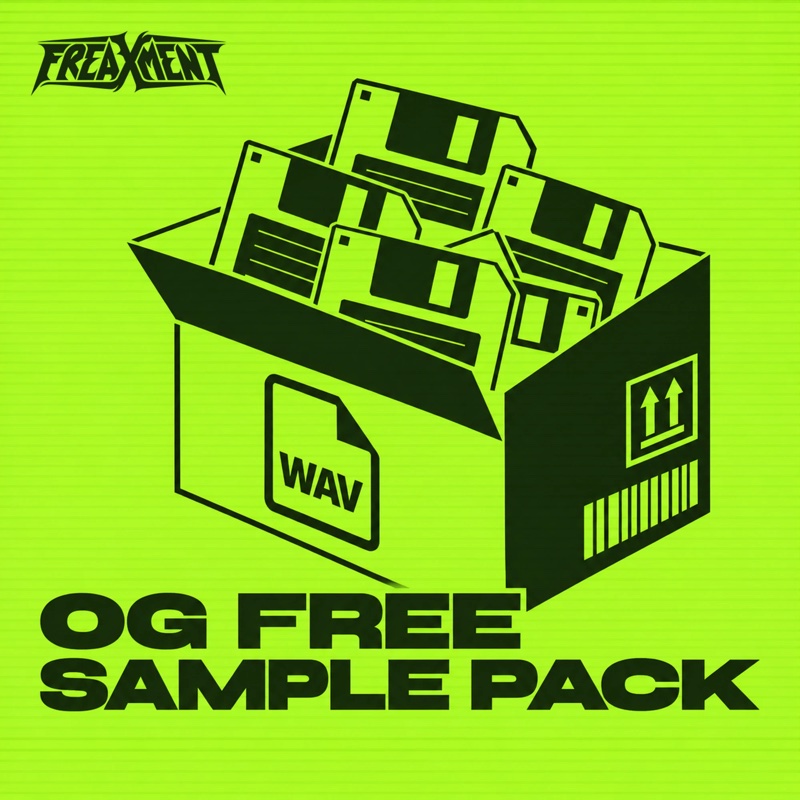 OG Free Dubstep Sample Pack cover: floppy disks and a WAV file in an open box on neon green