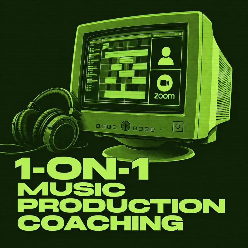 1-on-1 Music Production Coaching cover: a retro monitor showing a DAW and a Zoom call, next to headphones, with the words 1-on-1 Music Production Coaching